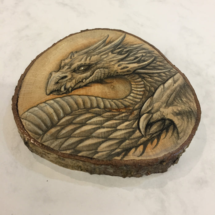 Dragon Drawing on Hazel Wood Slice #4
