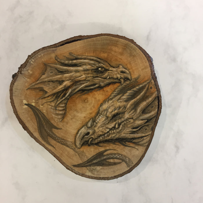 Dragon Drawing on Hazel Wood Slice #5 by Steve Samsara