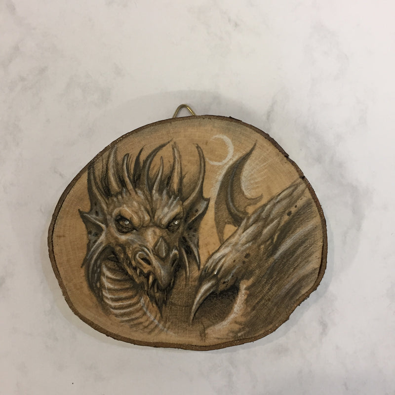 Dragon Drawing on Hazel Wood Slice #6 by Steve Samsara