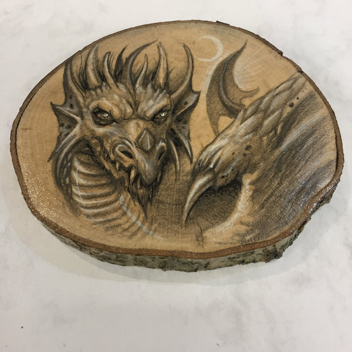 Dragon Drawing on Hazel Wood Slice #6