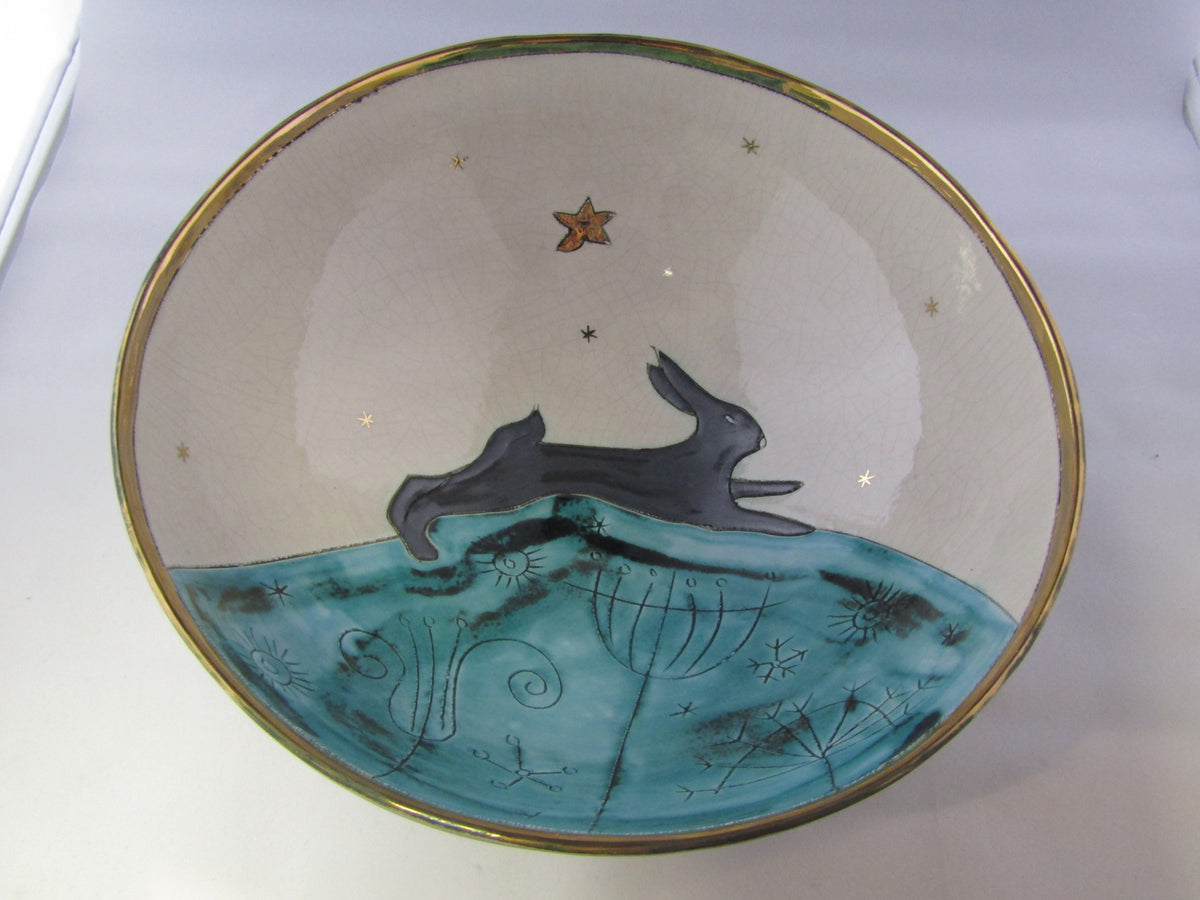 Large Bowl with Running Hare and Gold Detailing