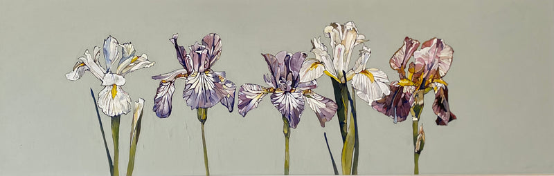 "A Line of Iris Flowers on Blue" original painting by Jenni Cator
