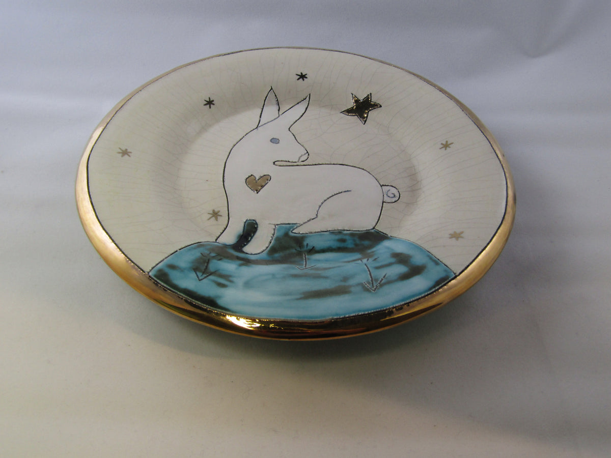 Small Plate with Hare and Gold Detailing by Sophie Smith
