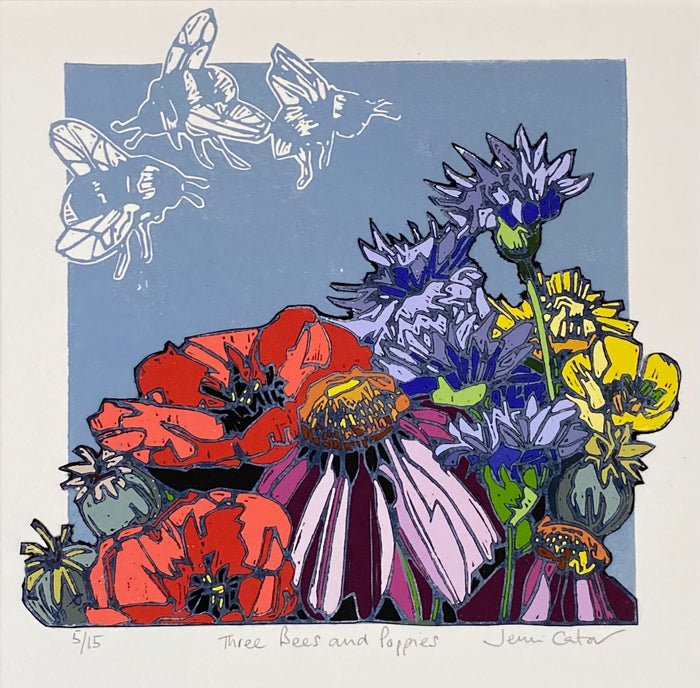 Three Bees and Poppies - mixed media and reproduction print by Jenni Cator