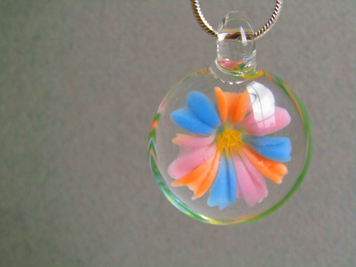 Pastel Pink Orange and Blue Glass 3D Flower Pendant