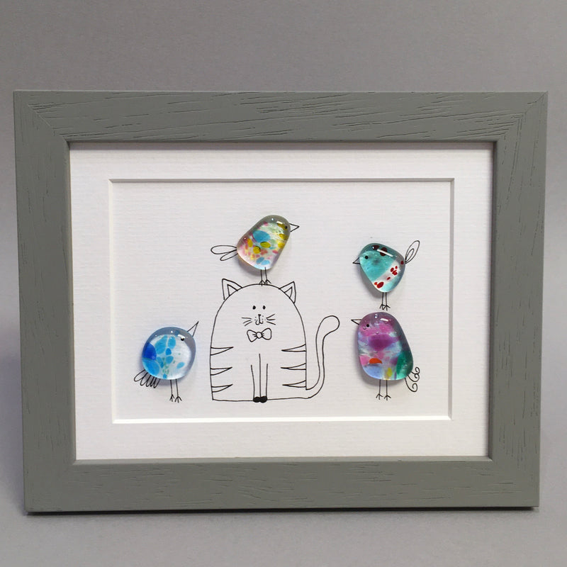 Cat Bird - Fused Glass and Illustration