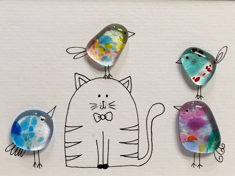 Cat Bird - Fused Glass and Illustration