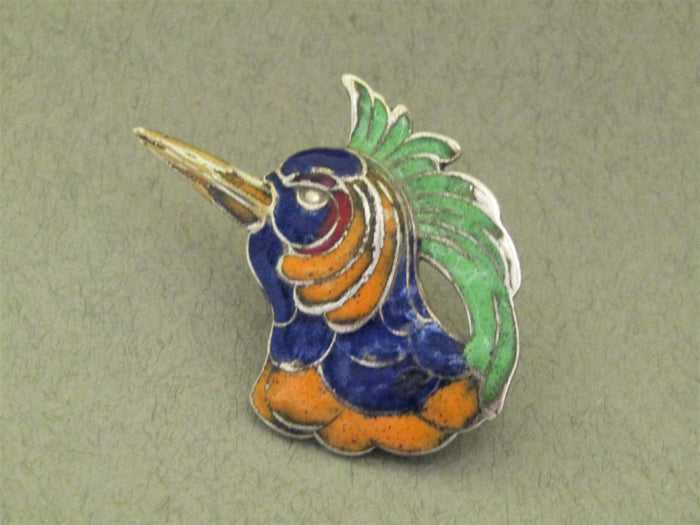 Enamel Bird Brooch with Green Crest.