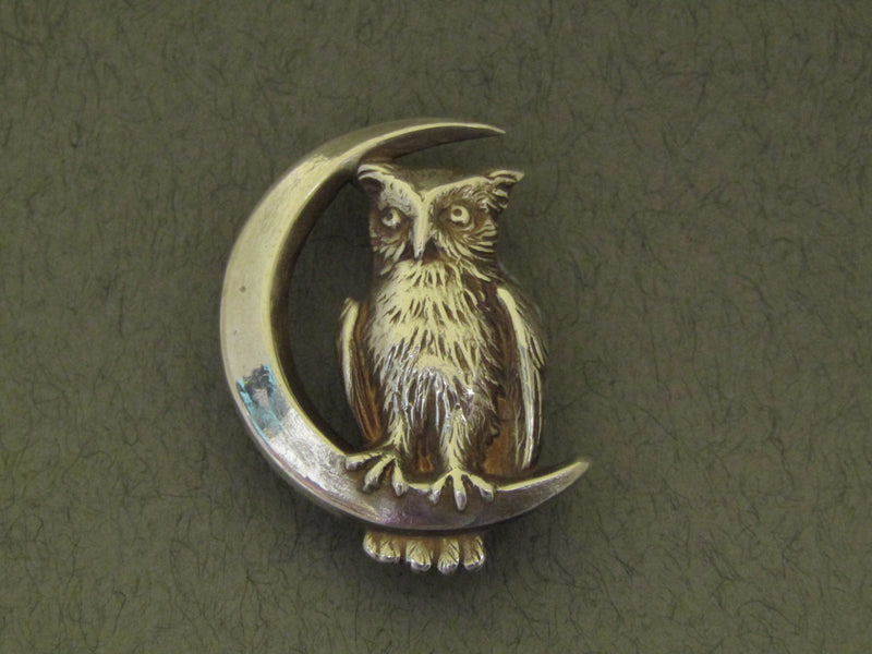 Owl Sitting on a Crescent Moon Brooch