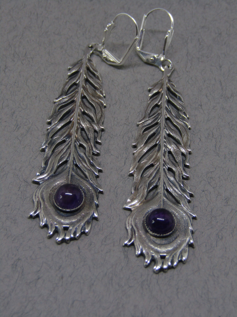 Purple Stone Silver Feather Drop Earrings, Jess Lelong