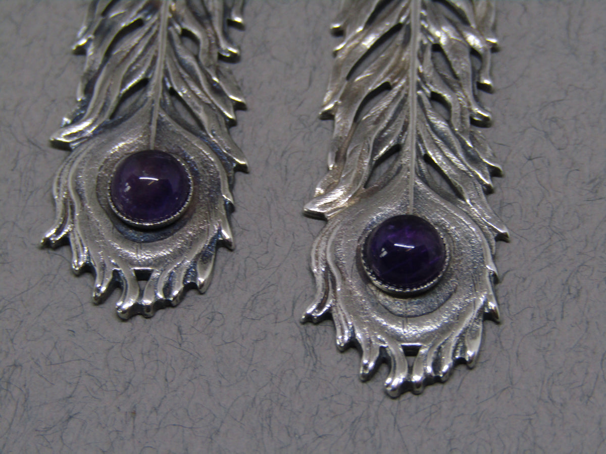 Purple Stone Silver Feather Drop Earrings, Jess Lelong