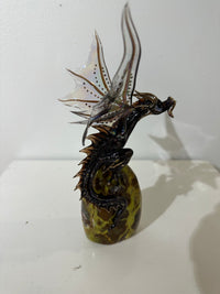 Brown/Amber Glass Dragon Sculpture on Quartz