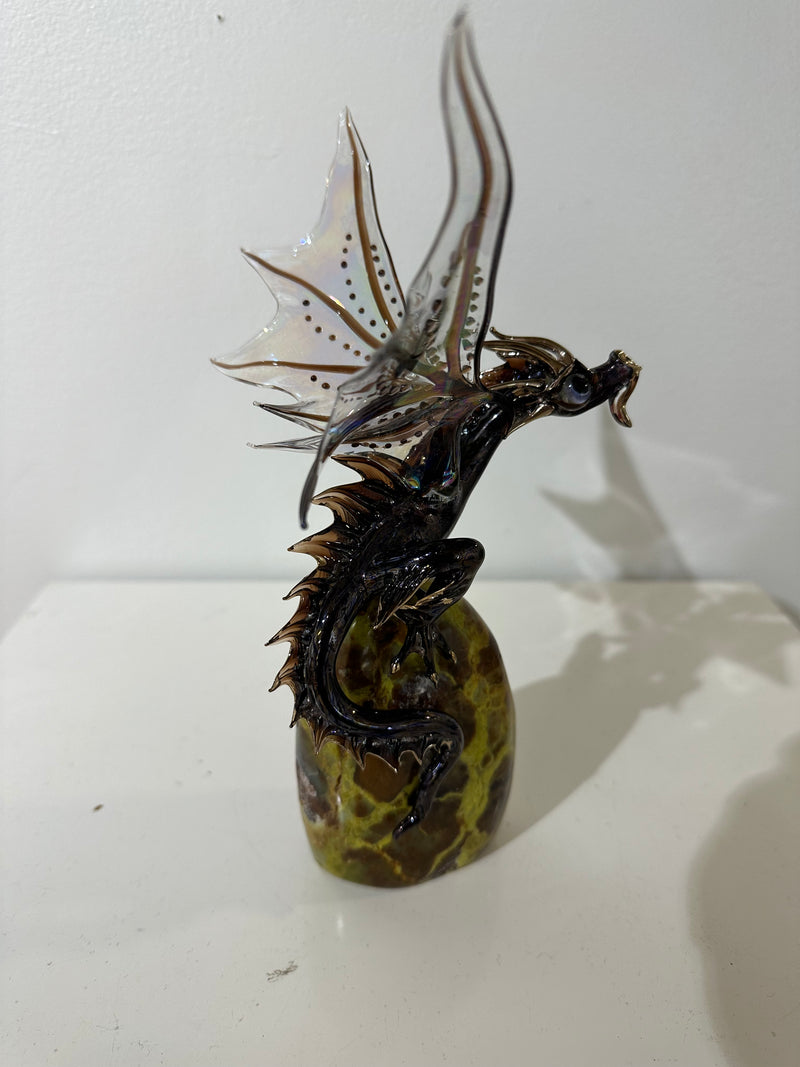 Brown/Amber Glass Dragon Sculpture on Quartz
