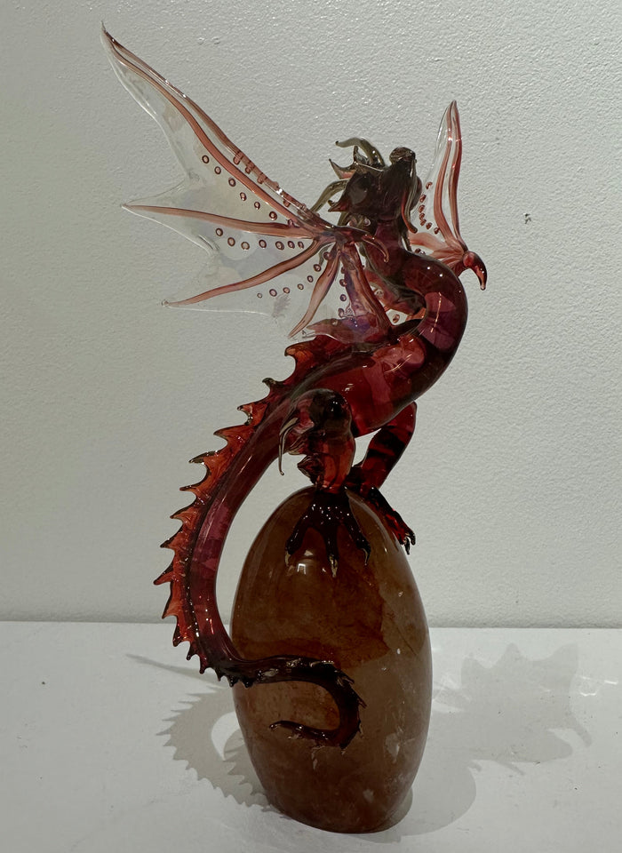 Red Glass Dragon Sculpture on Quartz by Sandra Young