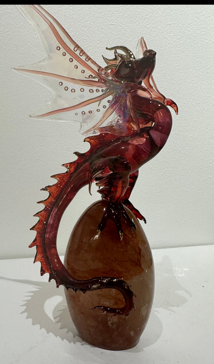 Red Glass Dragon Sculpture on Quartz