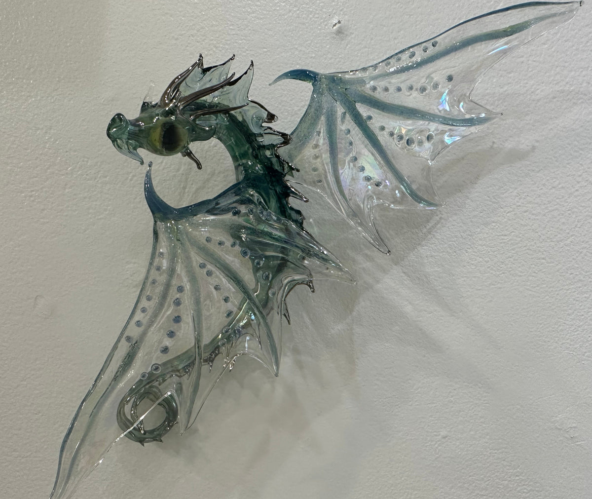 Turquoise/Light Blue Glass Wall Dragon Sculpture