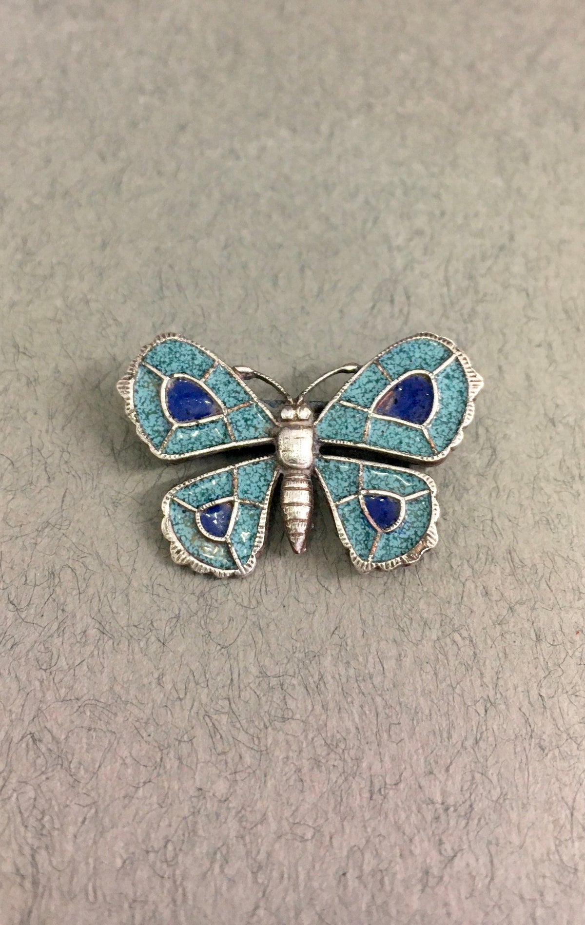 Turquoise and Cobalt Blue Enamel Butterfly Brooch by Jess Lelong