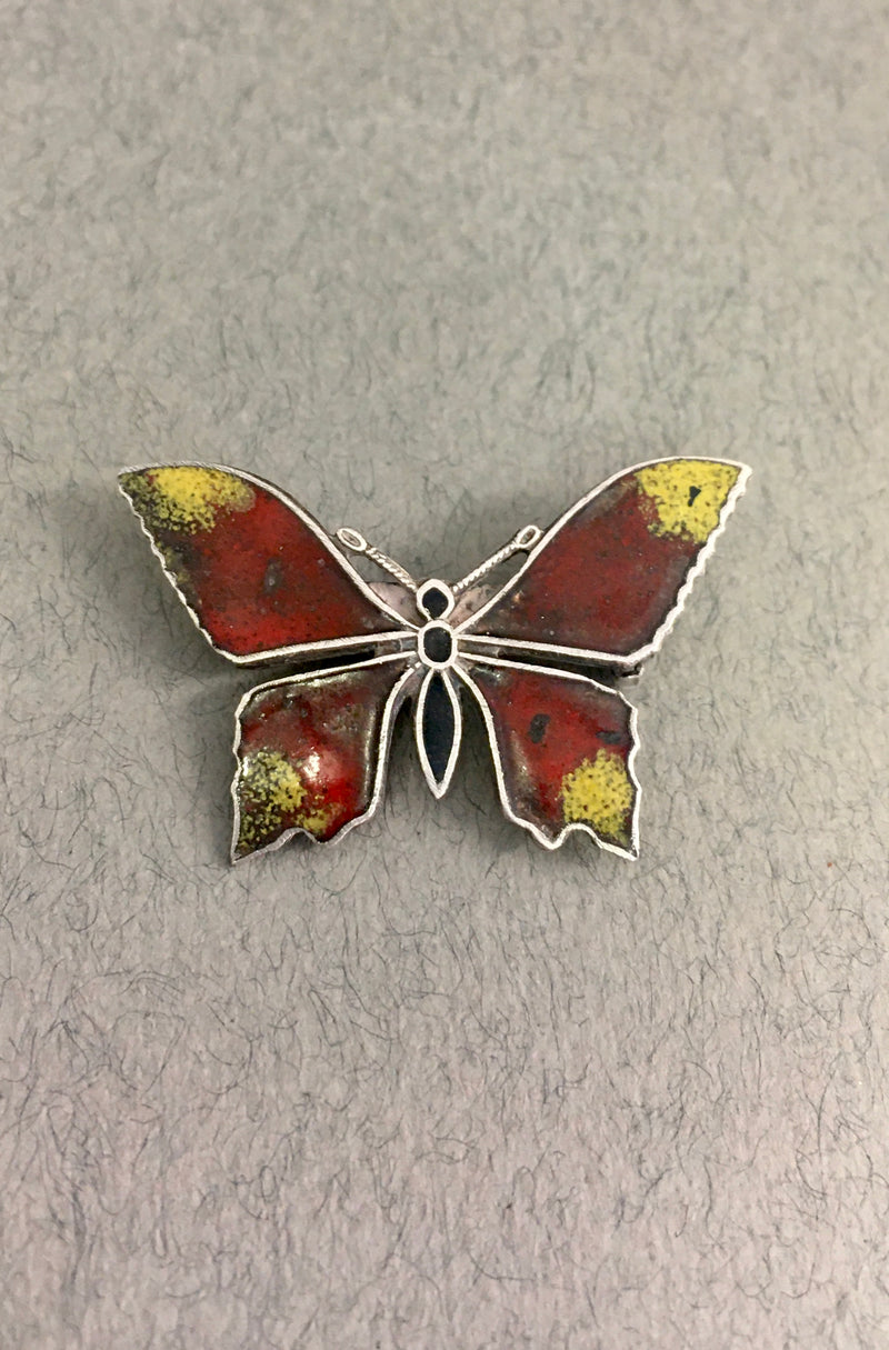 Red and Yellow Enamel Butterfly Brooch by Jess Lelong