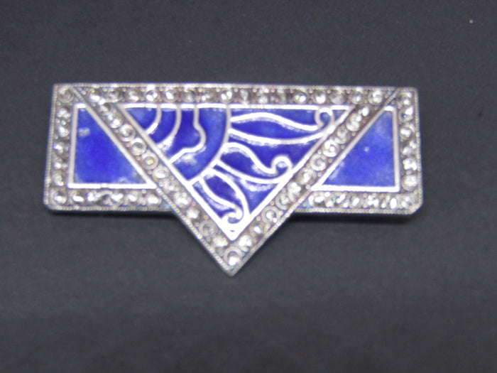 Art Deco style Oblong Brooch with Blue Enamel and Diamante by Jess Lelong