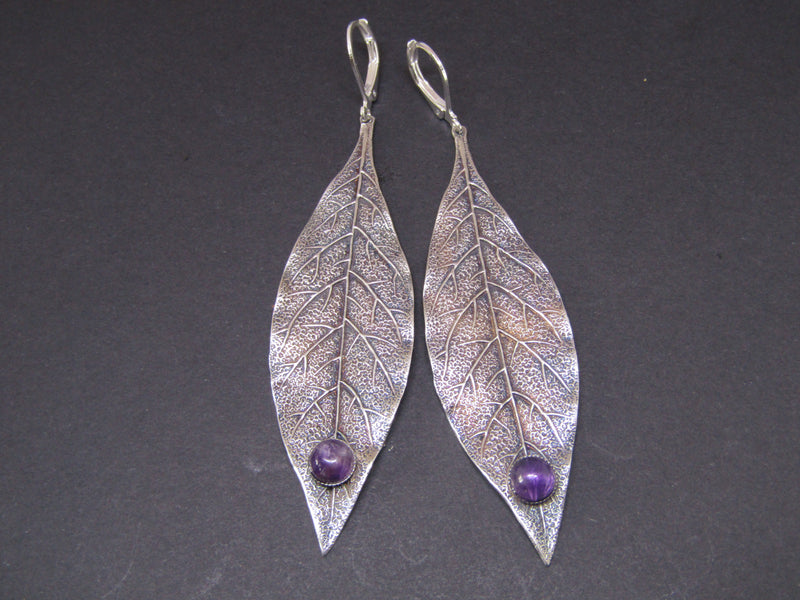 Purple Stone Silver Leaf Drop Earrings by Jess Lelong
