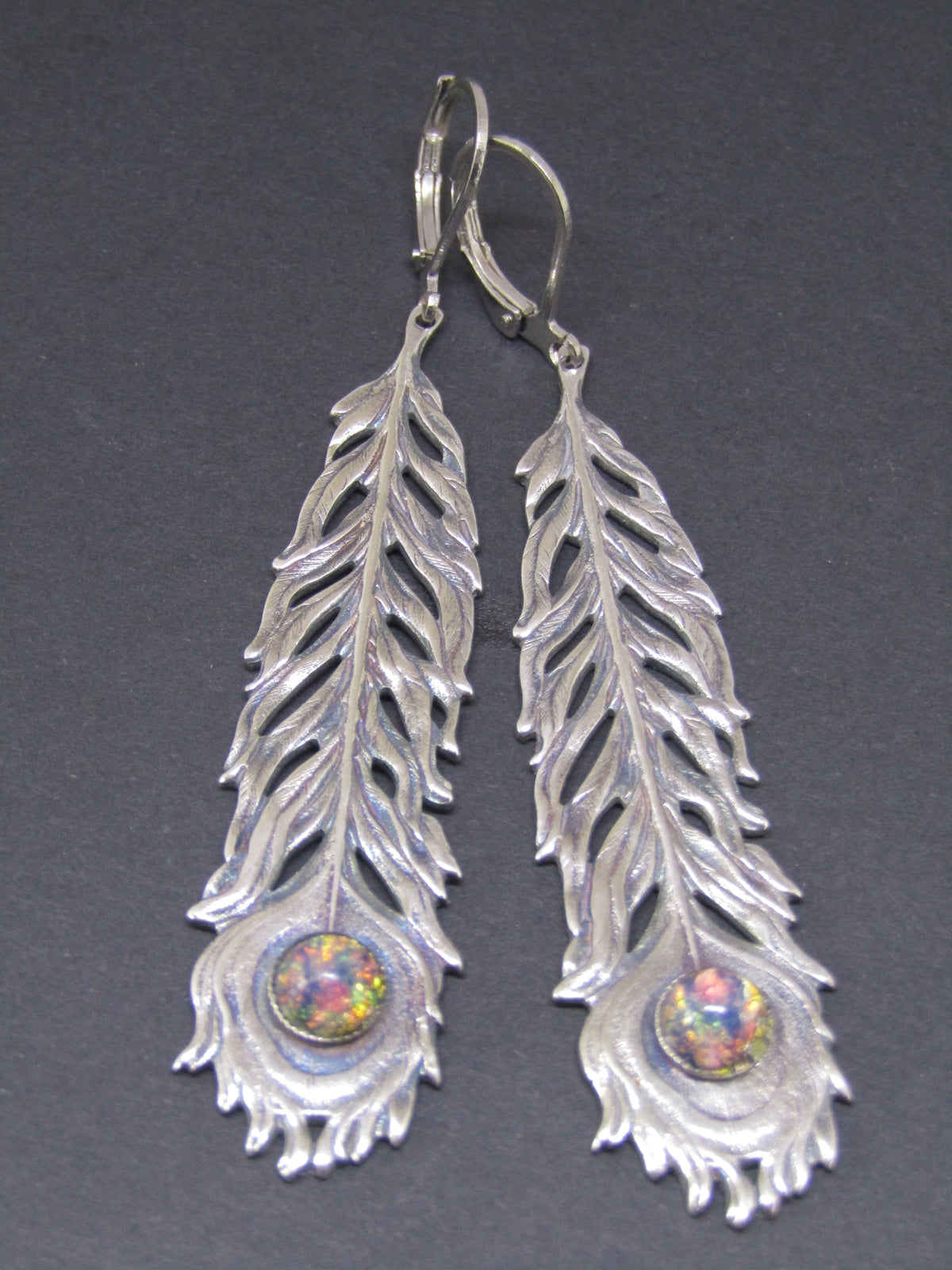 Silver Feather Drop Earrings with Opal type stone by Jess Lelong