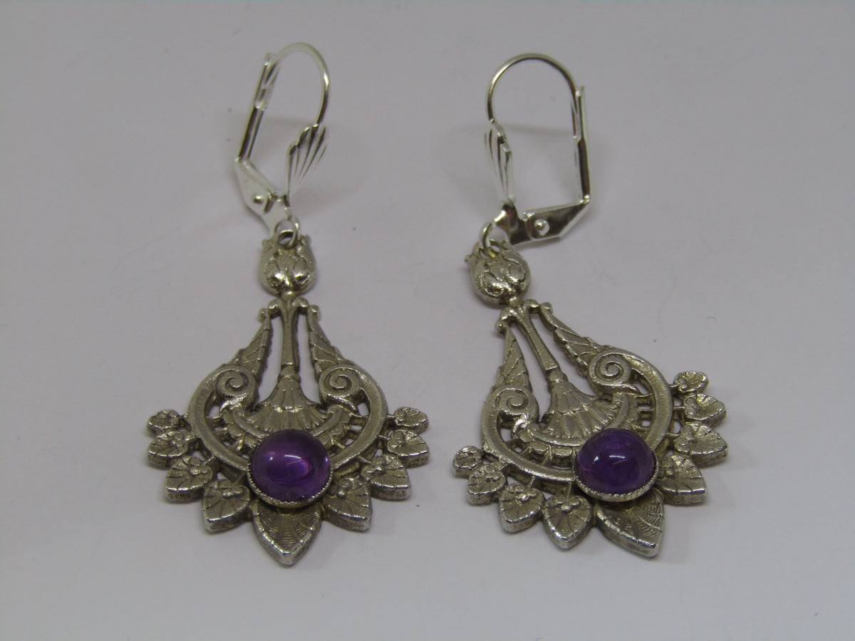 Swirl and Leaf Design Dangle Earrings with Purple Stone by Jess Lelong