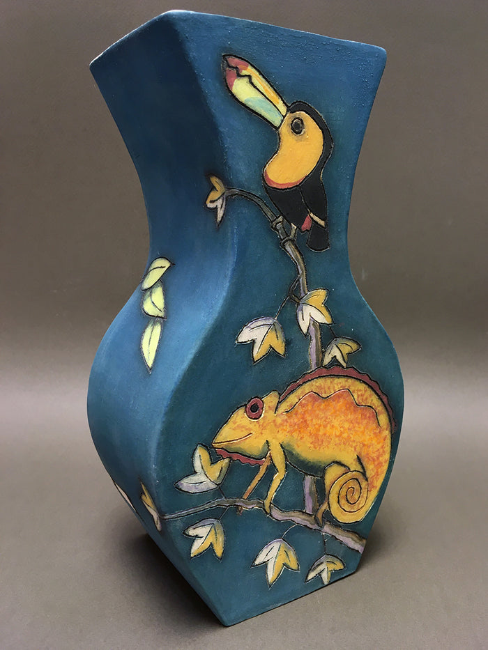 Tall Toucan, Chameleon and Hoopoe Vase by Jeanne Jackson