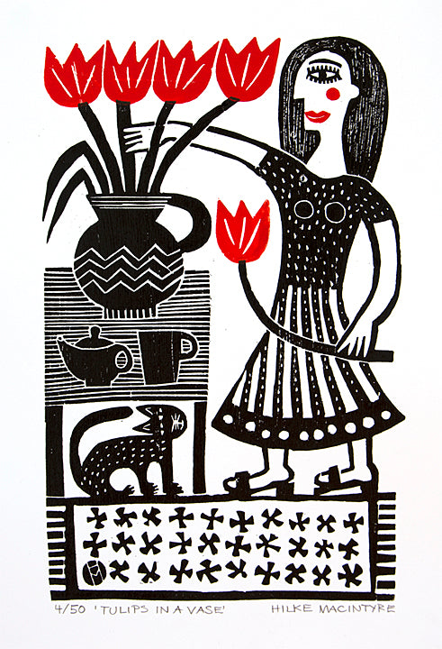 Tulips in a Vase - woodcut by Hilke MacIntyre