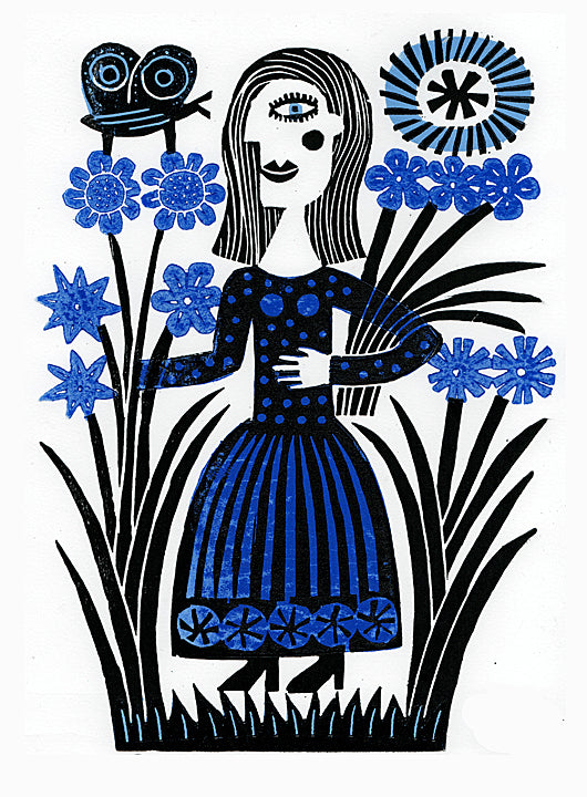 Blue Flowers - hand-produced linocut by Hilke MacIntyre