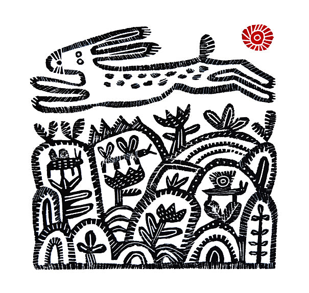 Hare Running - woodcut by Hilke MacIntyre