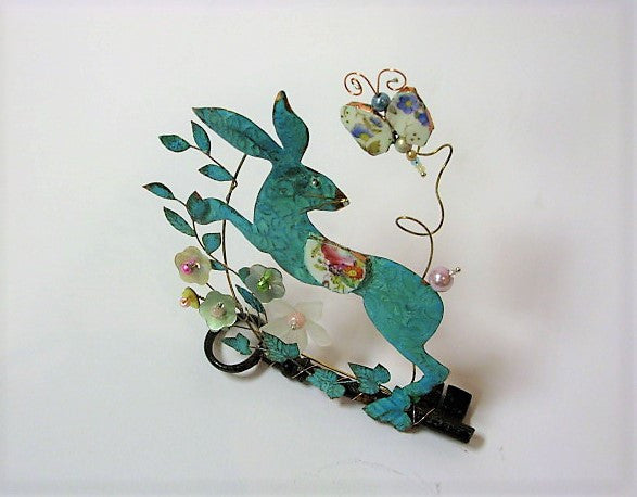 Running Hare with Butterfly, Assemblage by Linda Lovatt