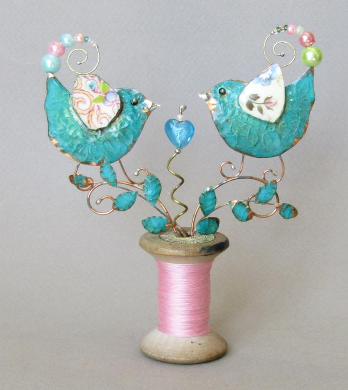 Medium Lovebirds on a Cotton Reel Assemblage by Linda Lovatt