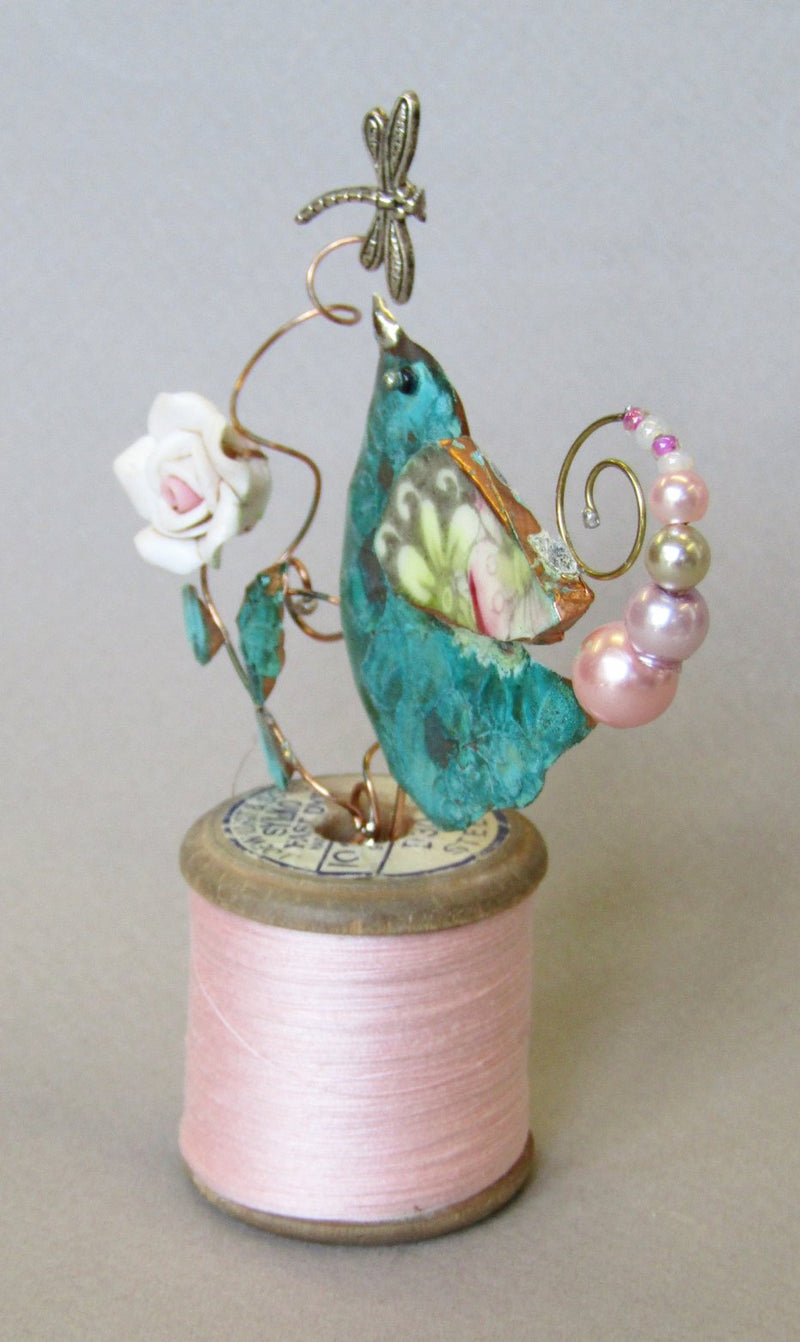 Small Bird Assemblage on a Cotton Reel by Linda Lovatt