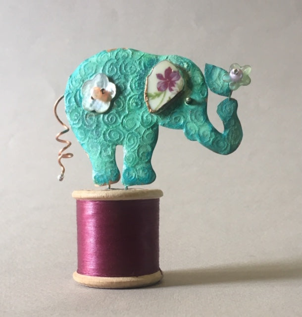 Small Elephant on Purple Cotton Reel - Linda Lovatt