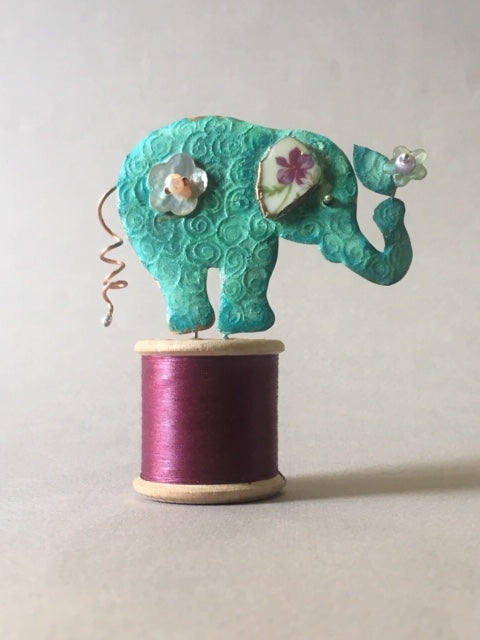 Small Elephant on Purple Cotton Reel - Linda Lovatt