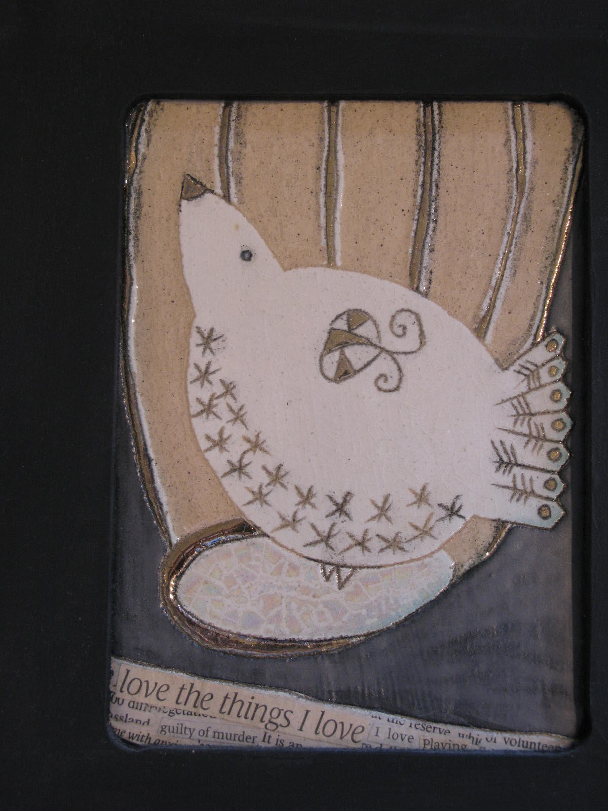 Black Framed Ceramic Tile of Bird with Collage and Gilding by Sophie Smith
