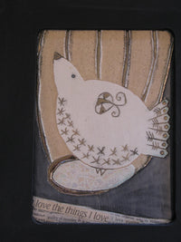 Black Framed Ceramic Tile of Bird with Collage and Gilding by Sophie Smith