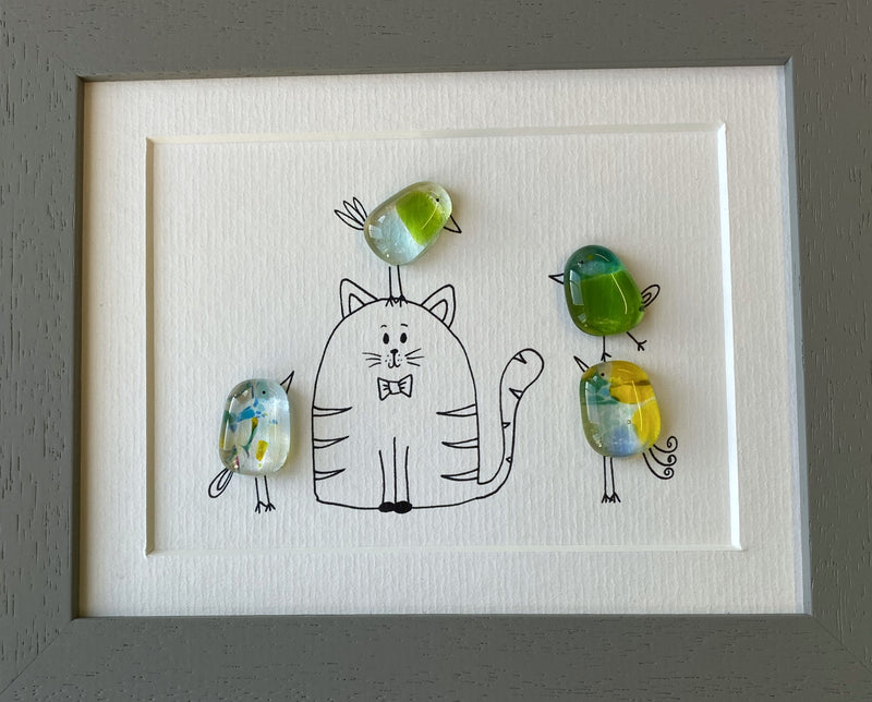 Cat & Birds - Fused Glass and Illustration (NB204) by Niko Brown