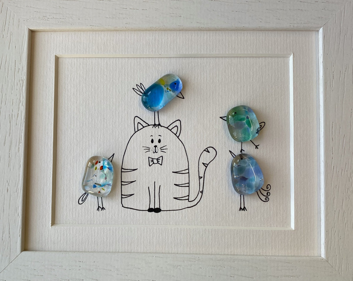 Cat & Birds - Fused Glass and Illustration (NB205)