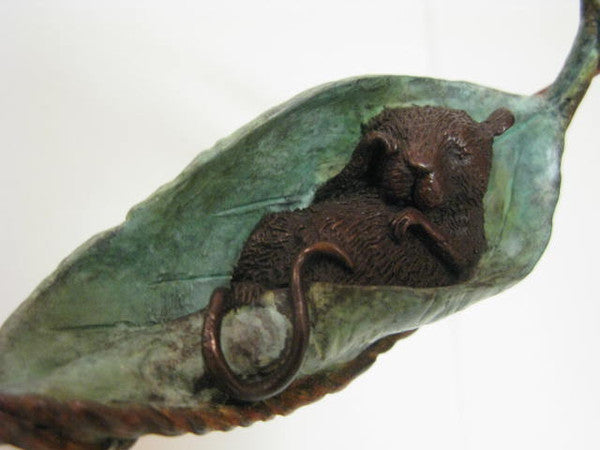 David Meredith Ol Sleepy Head Bronze Sculpture of a Sleeping Mouse in a Leaf Hammock - with spring leaf colour