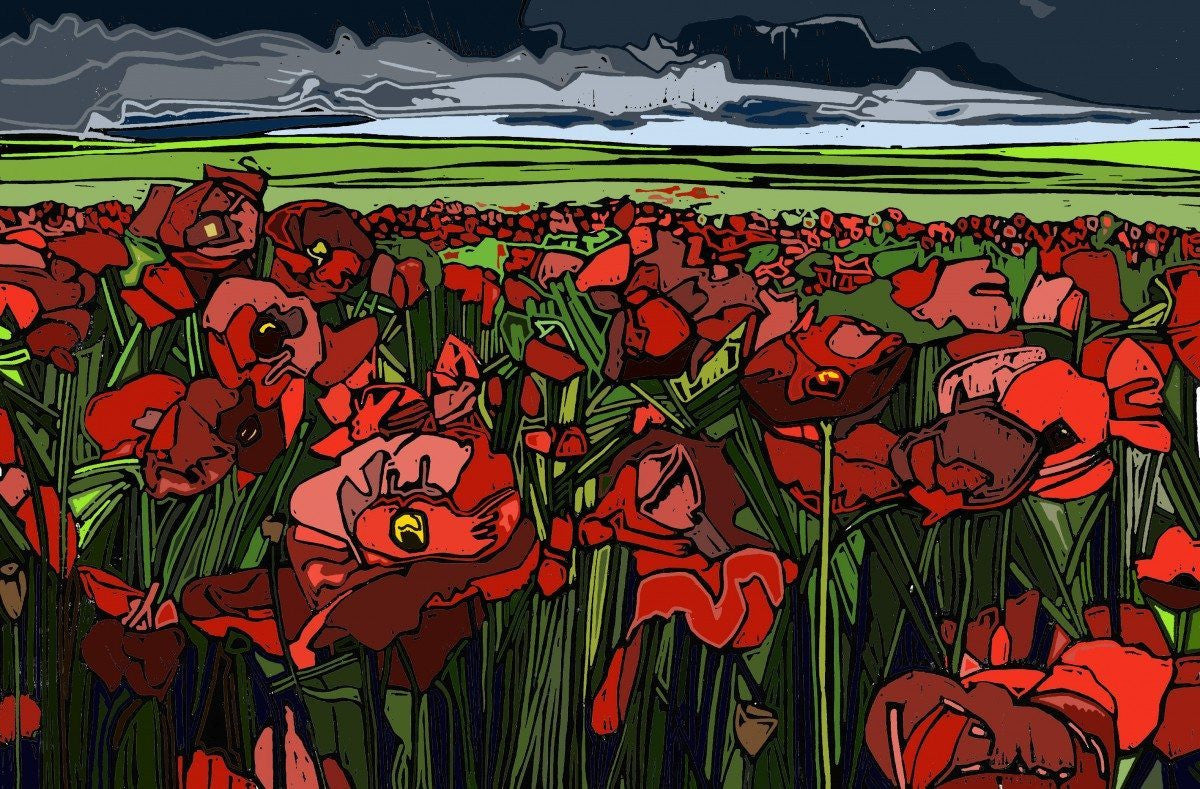 Poppies and Storm Clouds - linocut by Jenni Cator