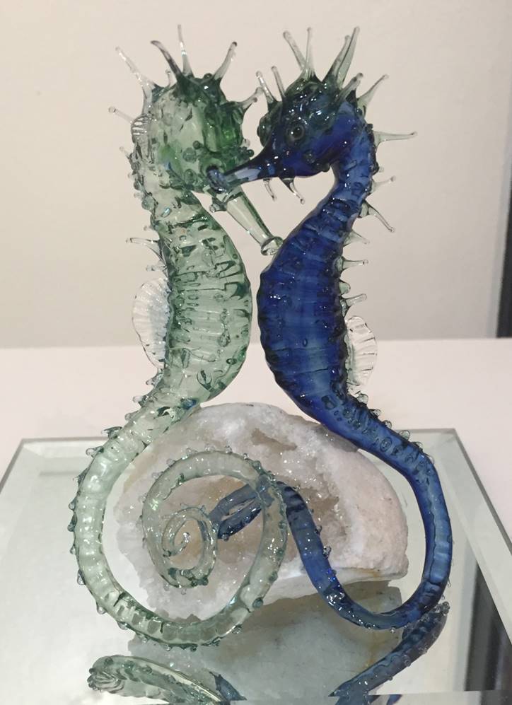 Seahorse Pair on Quartz - Glass Sculpture by Sandra Young