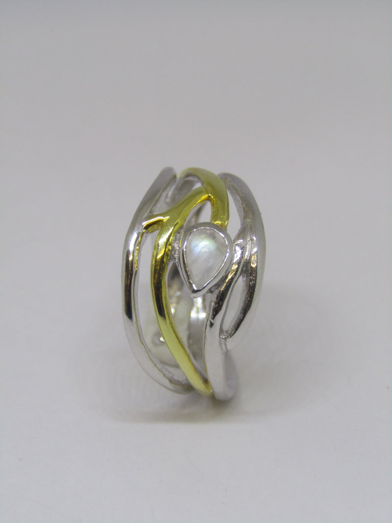Peacock Sterling Silver Ring with Moonstone and Gold Plated Detailing