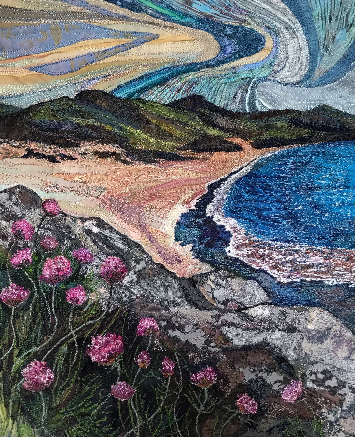 Sea Thrift Cove - textile art by Rachel Wright