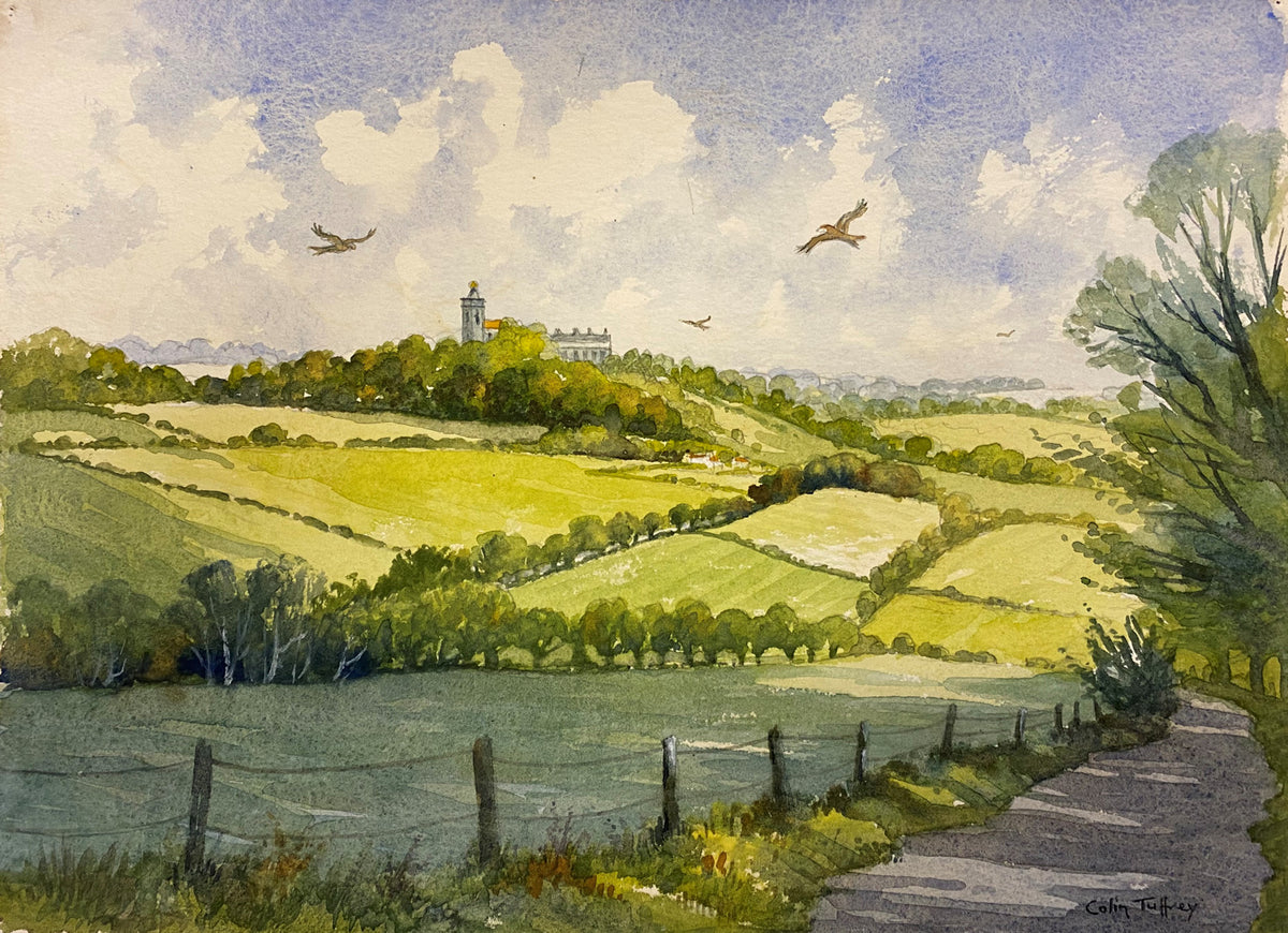Red Kites Over West Wycombe Mausoleum - watercolour by Colin Tuffrey