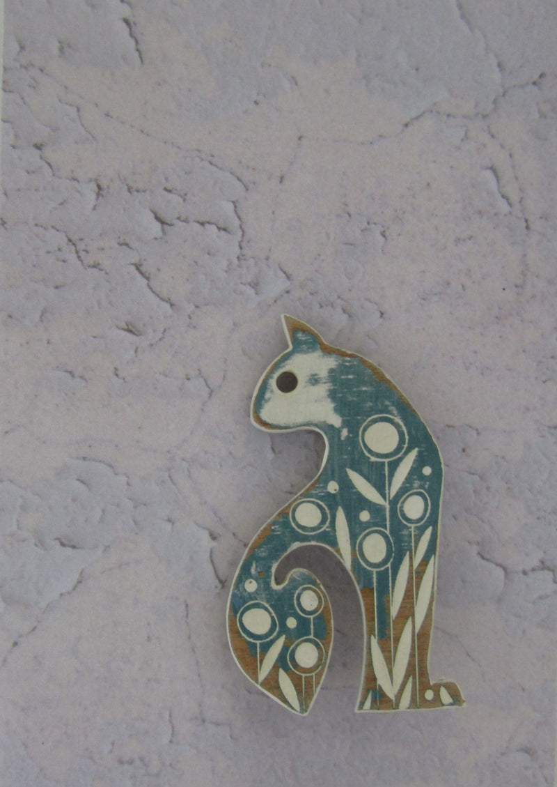 Cat Brooch with Sea Green Colouring by Sarah Kelly