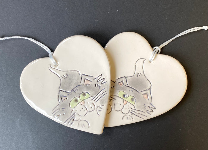 Small ceramic heart hanging with Cat design by Stephanie Beasley