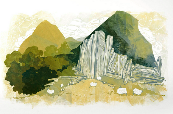 Sheep and Northern Hills by Laura Boswell