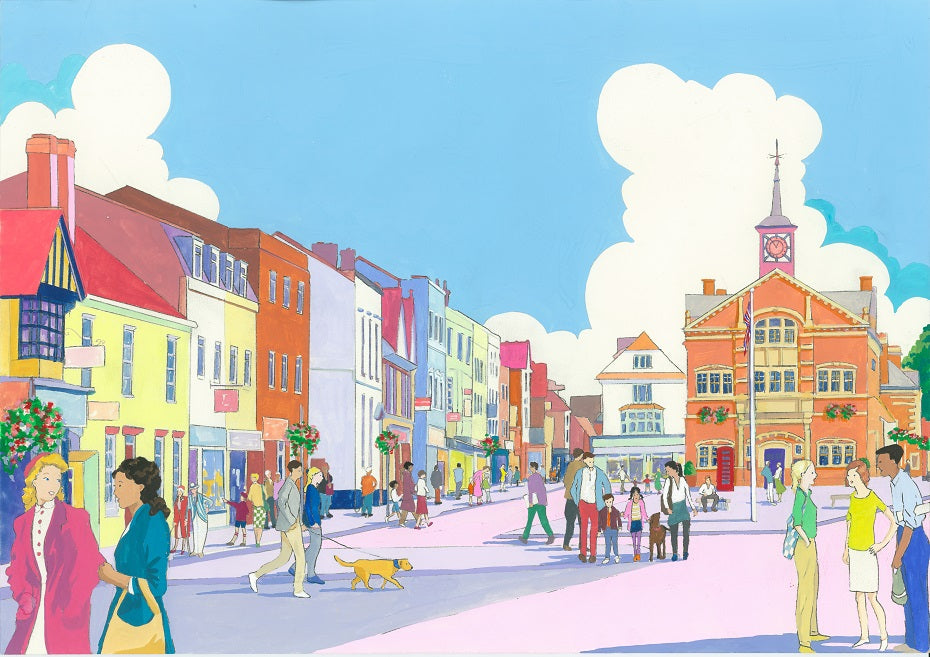 "Thame Market Square and Town Hall" limited edition print by Mary Casserley