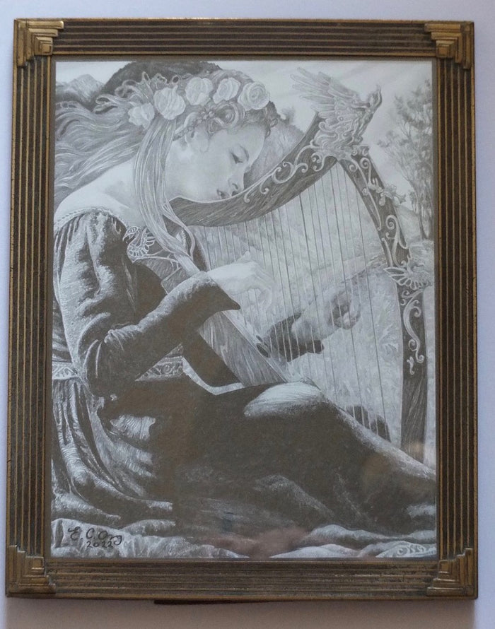 The Harpist - Original Drawing in Art Deco Frame by Ed Org